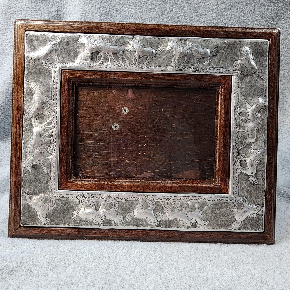 Vintage Wood Metal Horse Embossed Picture Frame Western Equestrian Folk Art